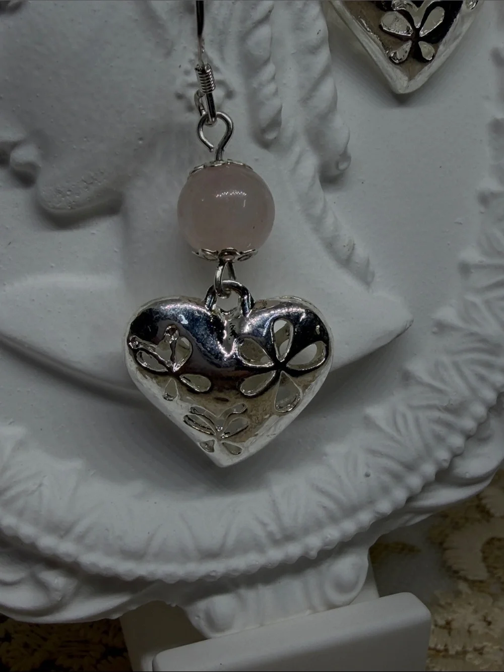 Handmade 925 Sterling Silver Rose Quartz 3D Heart Earrings | Romantic Floral
